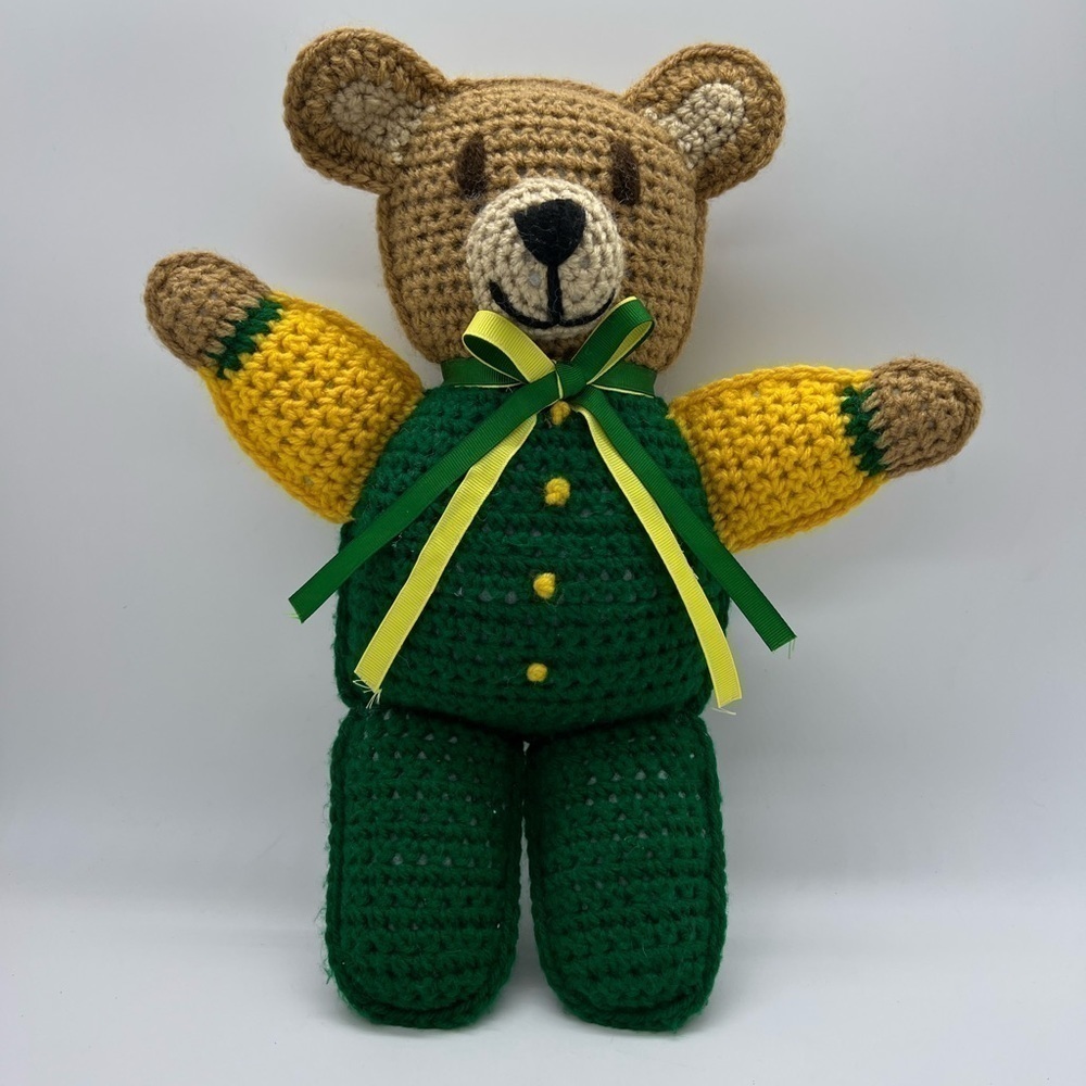 ADORABLE CROCHETED TEDDY BEAR I. GREEN AND BRIGHT YELLOW
